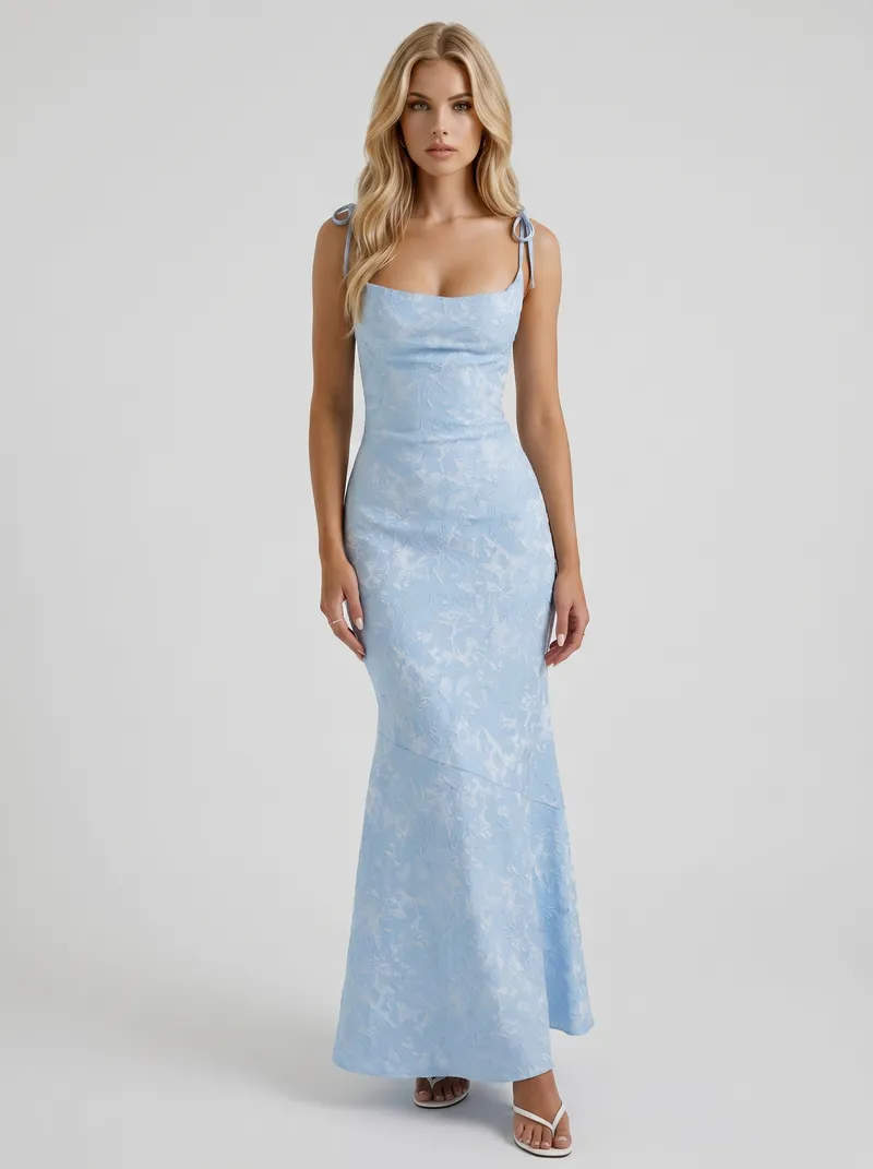 Aria Cowl Neck Textured Satin Bodycon Maxi Dress - Blue