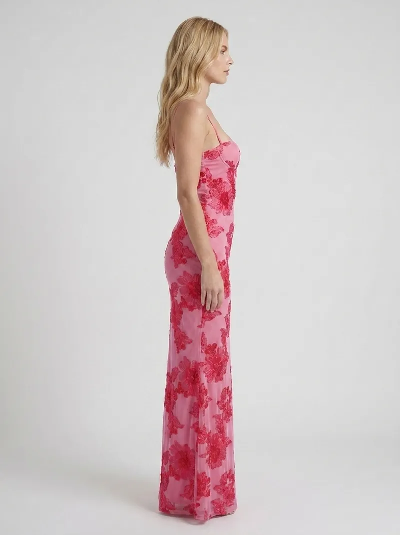 Chloe Floral Mesh Bodycon Maxi Dress - Pink