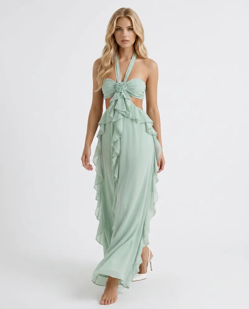 Roselyn Floral Ruffle Cutout Maxi Dress - Green