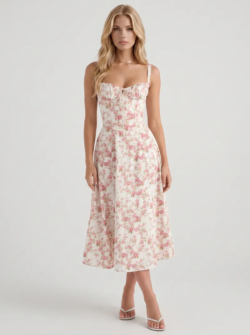 Sabine Toile Print Puff Sleeve Midi Dress - Light Pink