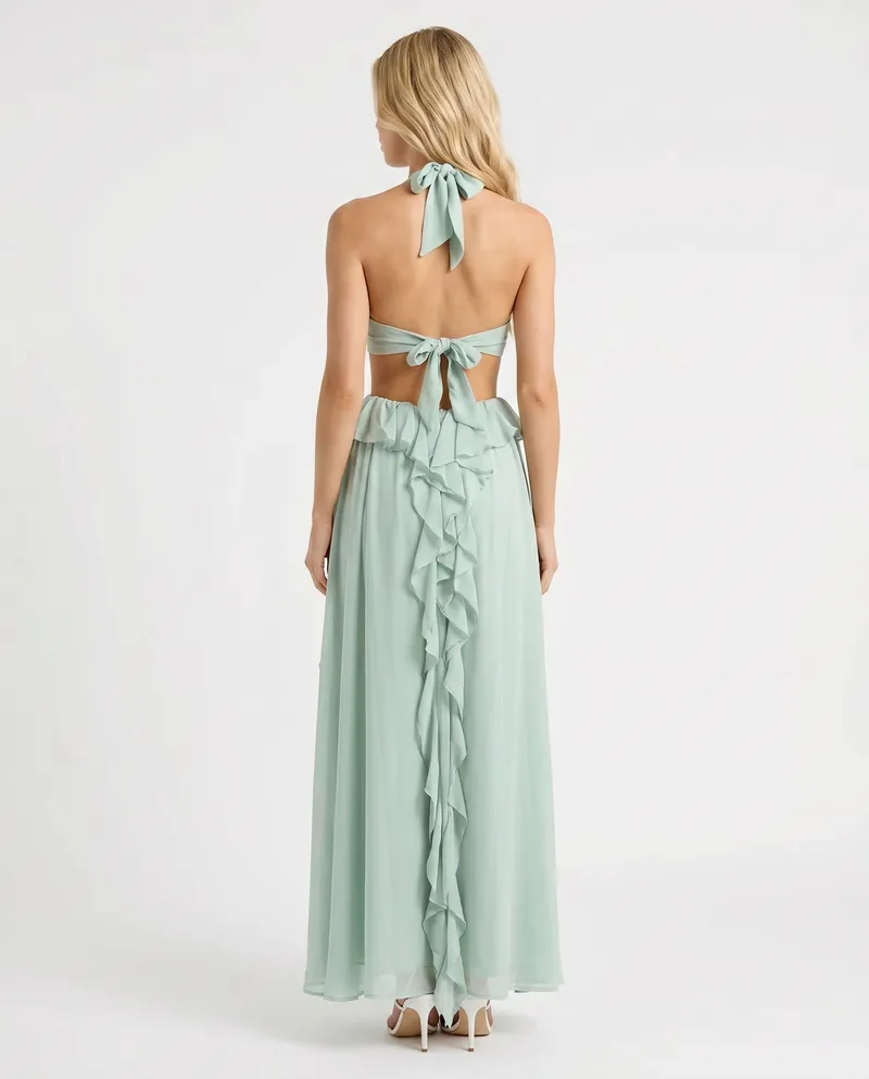 Roselyn Floral Ruffle Cutout Maxi Dress - Green