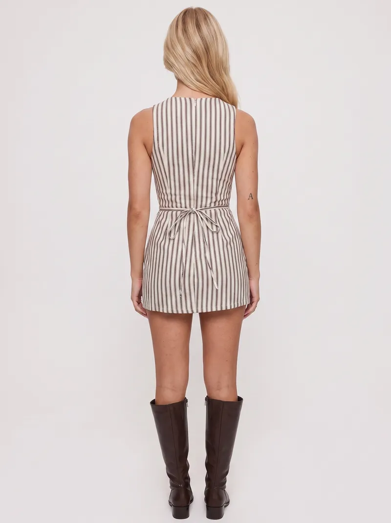 Ingrid Shift Mini Dress - Brown Stripe