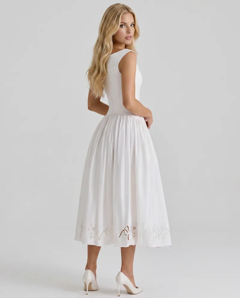 Delfina Boat Neck Eyelet Midi Dress - White
