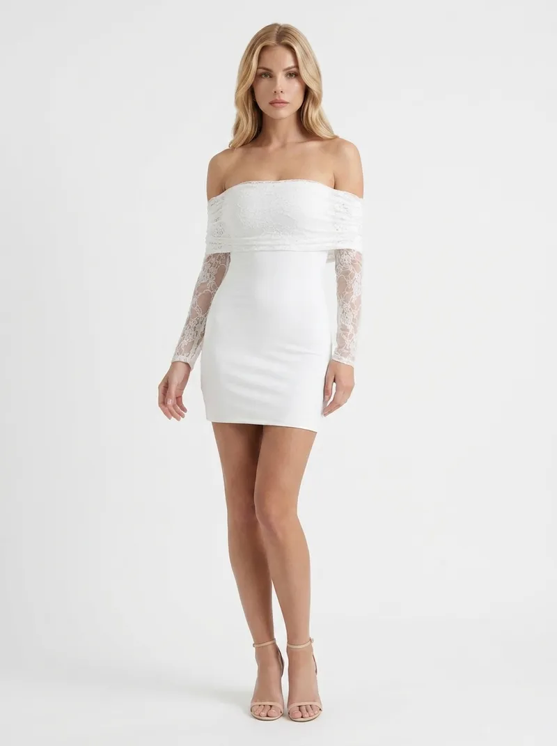 Nancy Off Shoulder Lace Sleeve Bodycon Mini Dress - White