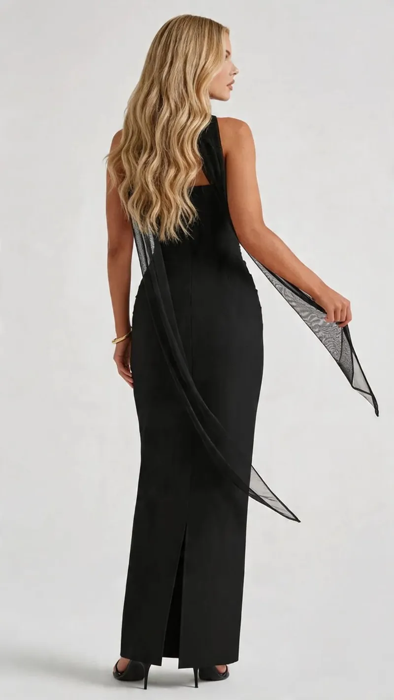 Francisca Bandage Mesh Sash Maxi Dress - Black
