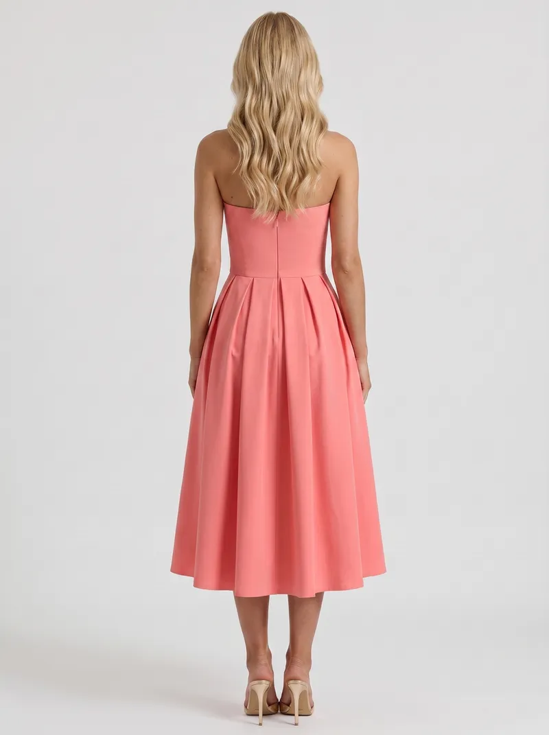 Audrey Strapless Pleated A Line Midi Dress - Coral Pink