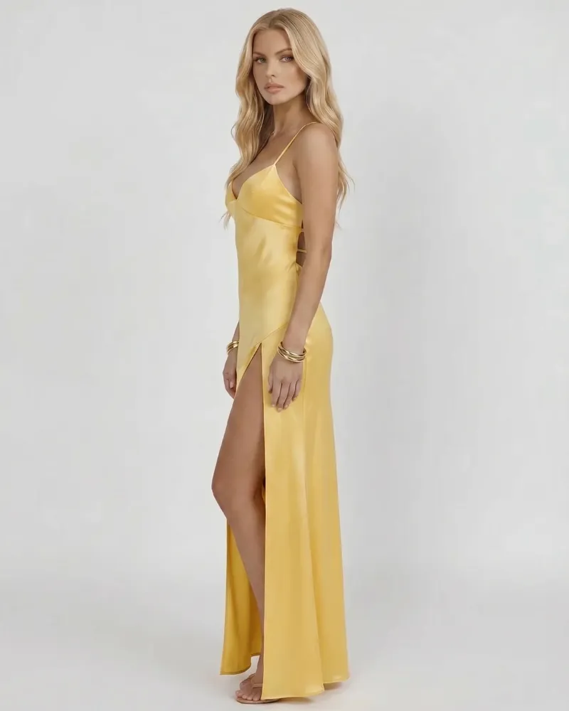 Adriana Satin Slip Maxi Dress - Yellow