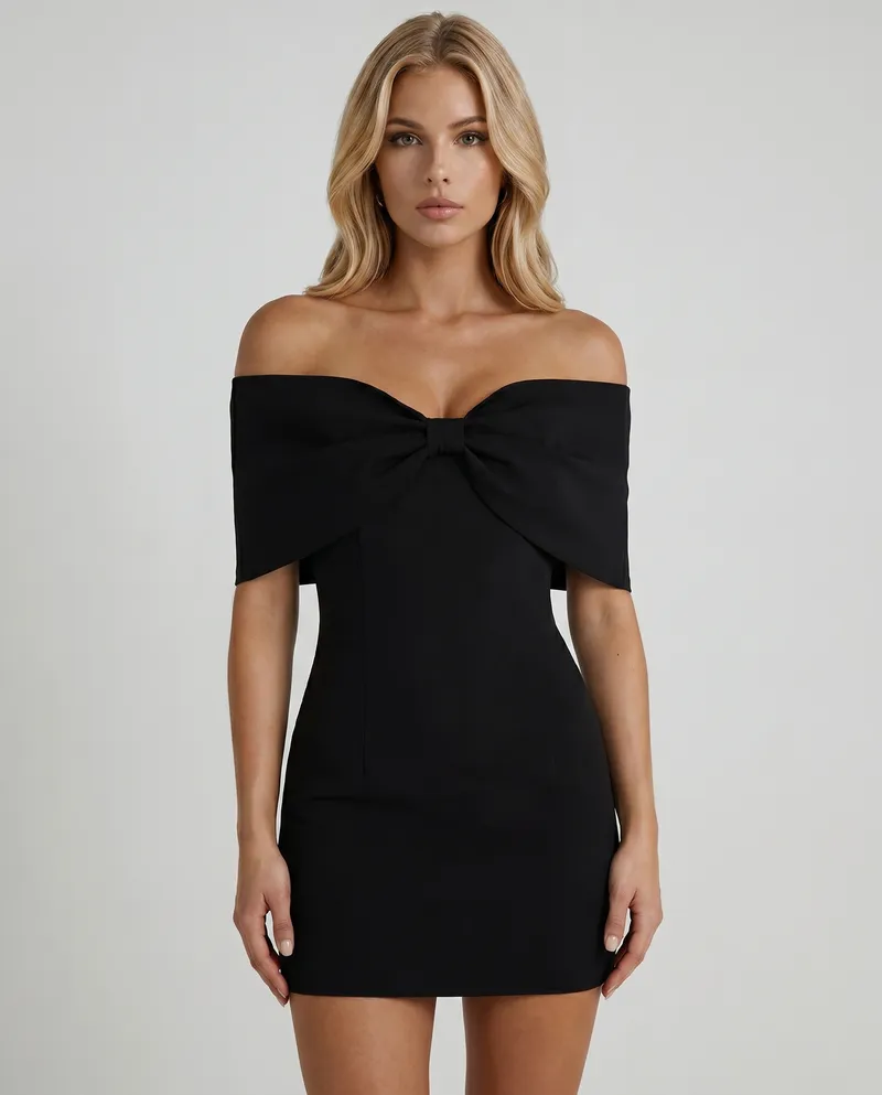 Rebecca Bow Mini Dress - Black