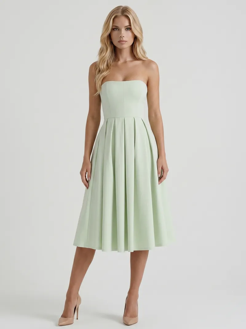 Audrey Strapless Pleated A Line Midi Dress - Mint