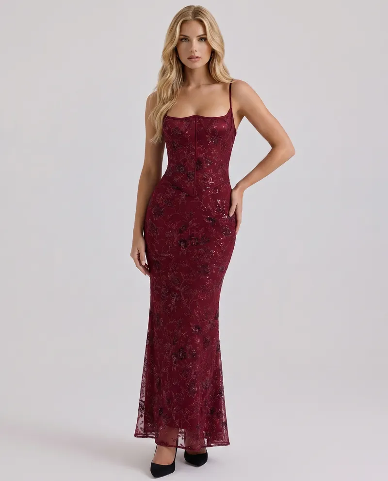 Naima Floral Lace Corset Maxi Dress - Burgundy