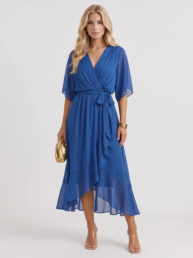 Lucienne Wrap Midi Dress - Blue