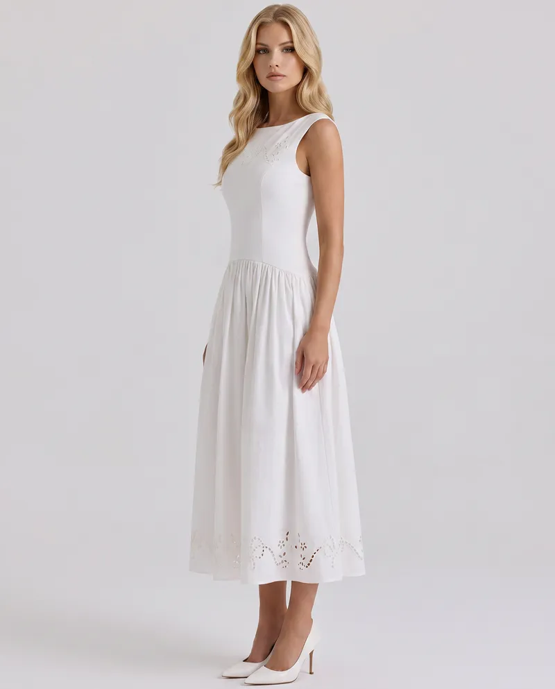 Delfina Boat Neck Eyelet Midi Dress - White