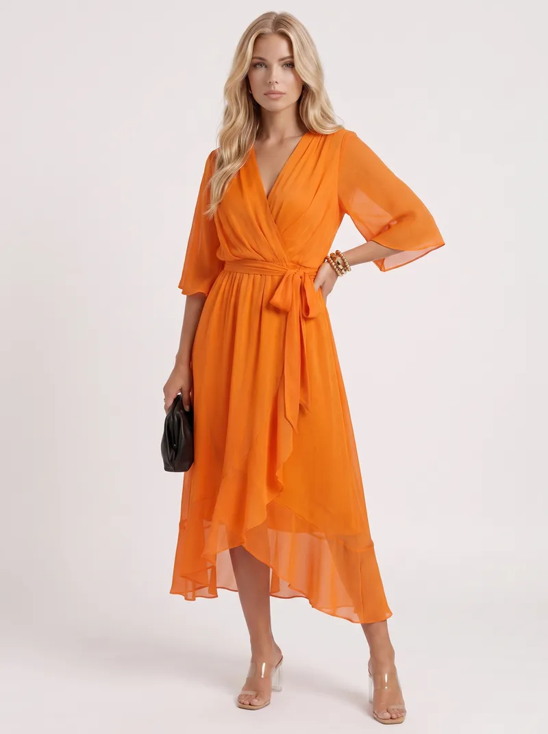 Lucienne Wrap Midi Dress - Orange