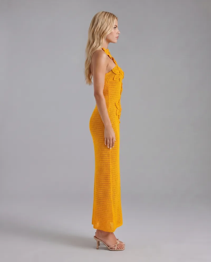 Kyla Crochet Halter Maxi Dress - Orange
