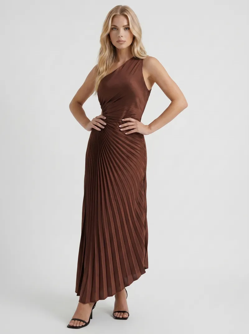 Opaline One Shoulder Sunray Pleated Maxi Dress - Chocolate