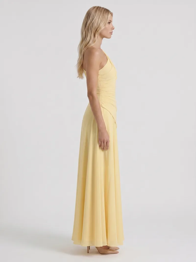 Delphine One Shoulder Ruched Mesh Maxi Dress - Lemon