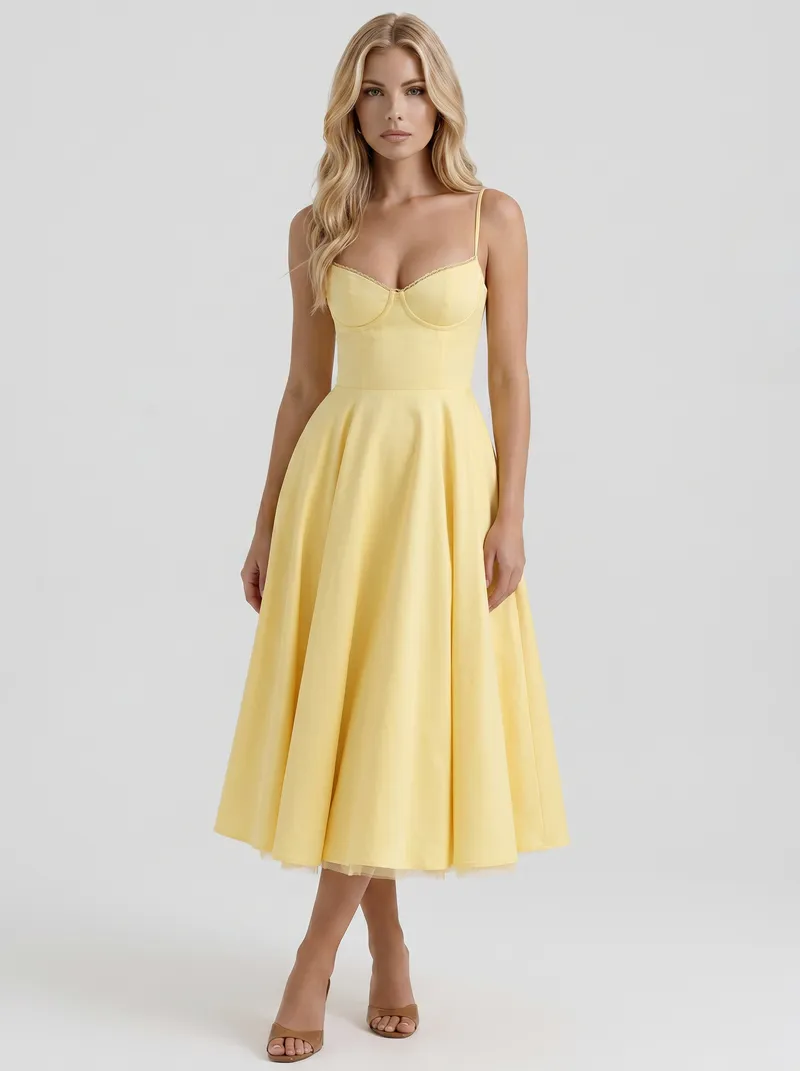 Estelle Sweetheart Corset Midi Dress - Yellow
