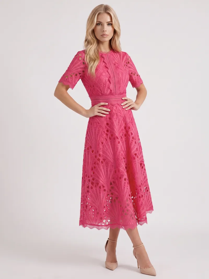 Clarisse Lace Midi Dress - Fuchsia