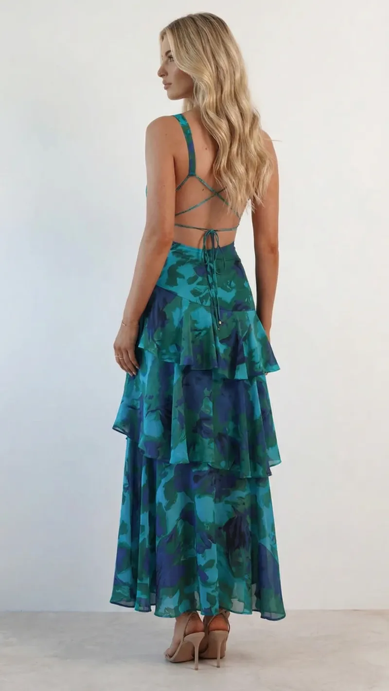 Penelope Ruffle Maxi Dress - Turquoise