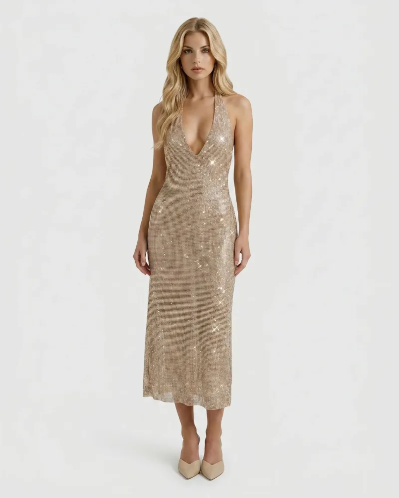 Emily Sequin Midi Dress - Rose Gold