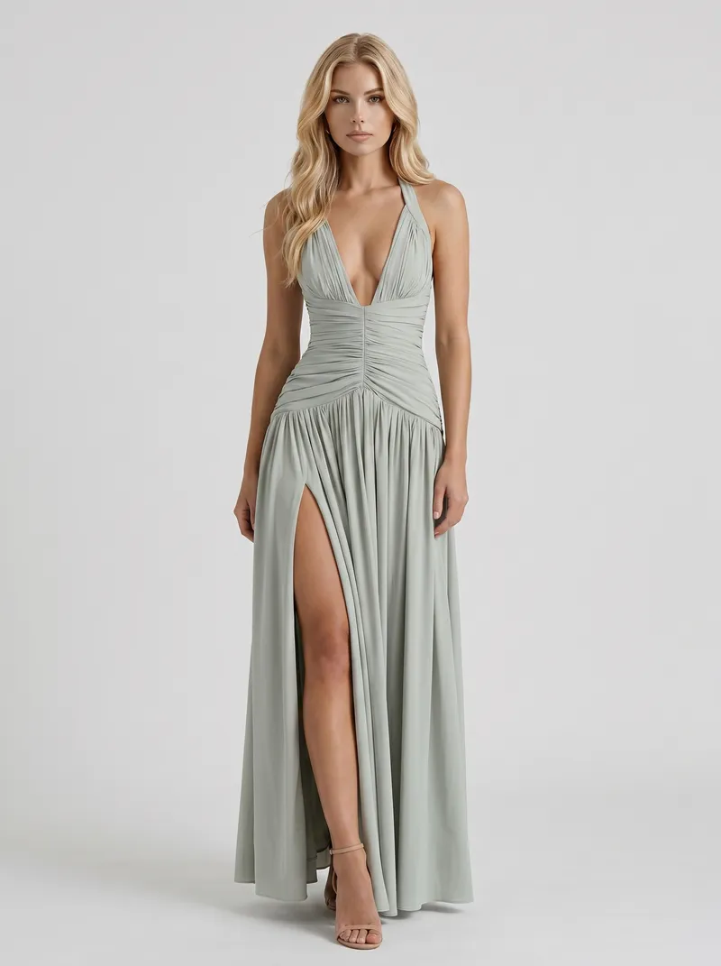 Vera Plunge V Halter Ruched Maxi Dress - Sage