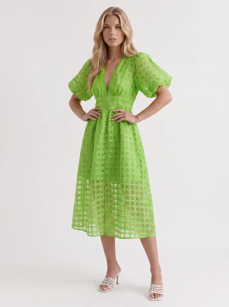 Colette Windowpane Midi Dress - Green