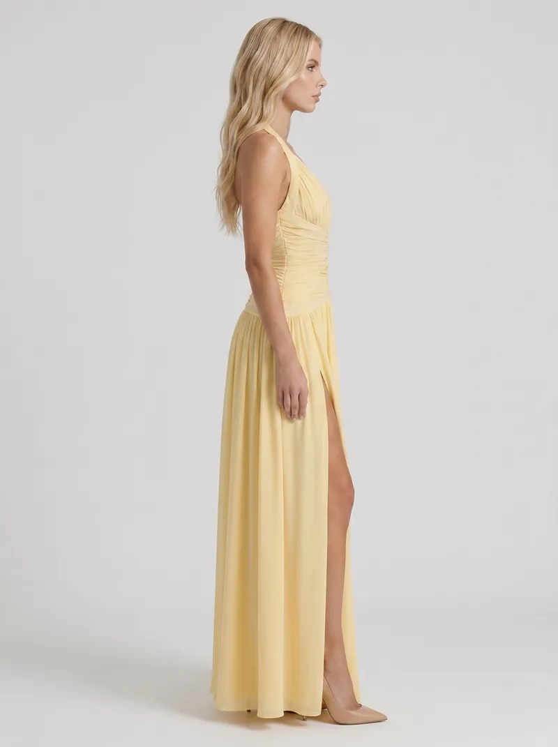 Vera Plunge V Halter Ruched Maxi Dress - Lemon