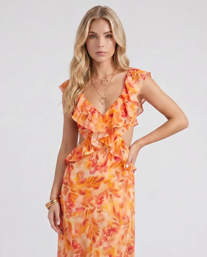 Marisol V Neck Ruffle Floral Maxi Dress - Orange