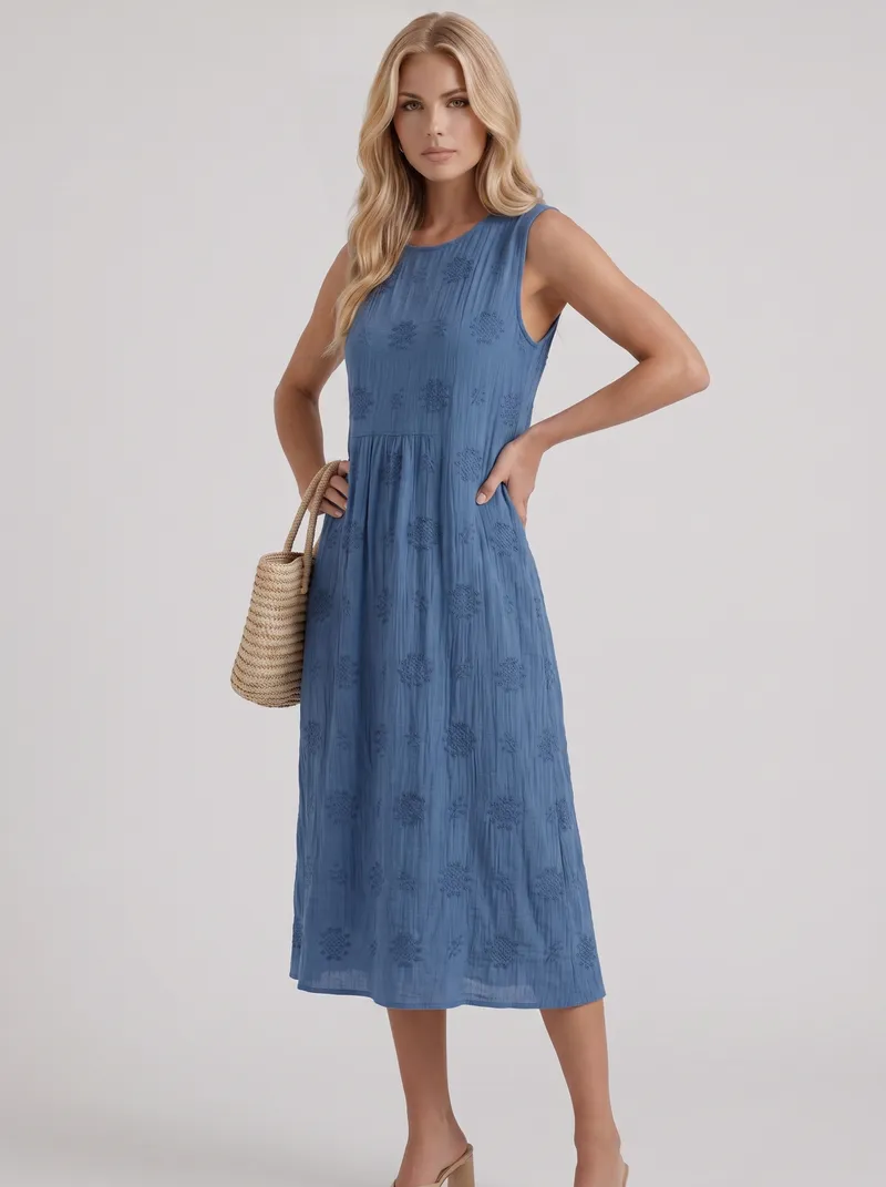 Elin Embroidered Midi Dress - Blue