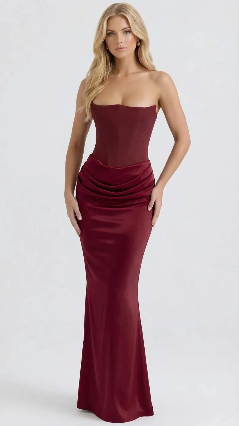 Scarlet Corset Strapless Maxi Dress - Burgundy