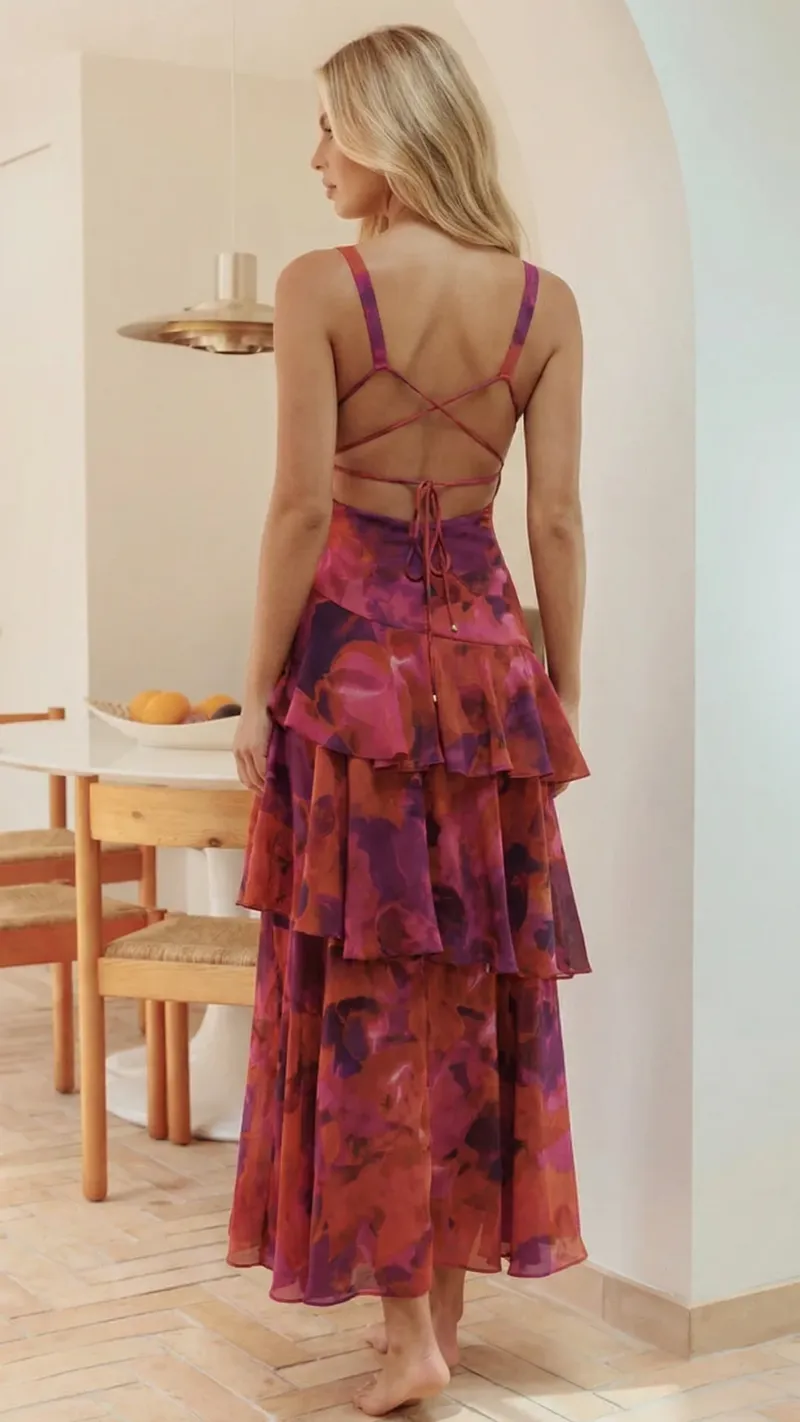 Penelope Ruffle Maxi Dress - Dark Red