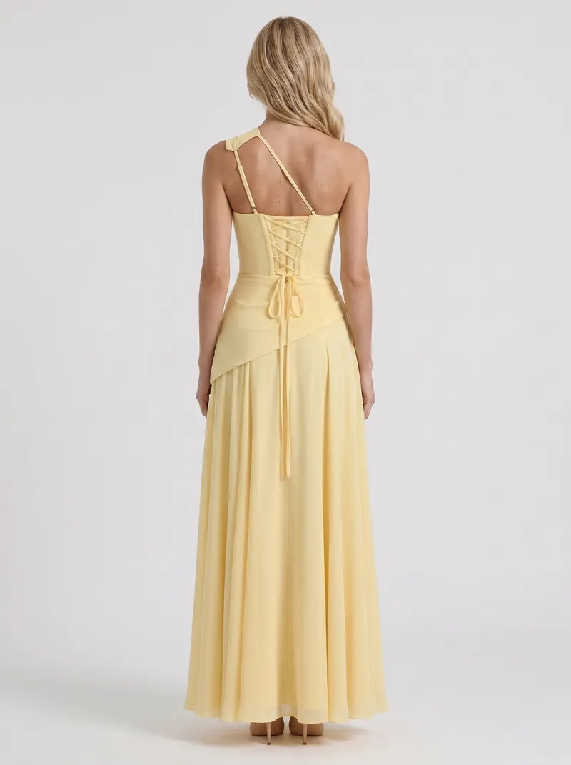 Delphine One Shoulder Ruched Mesh Maxi Dress - Lemon