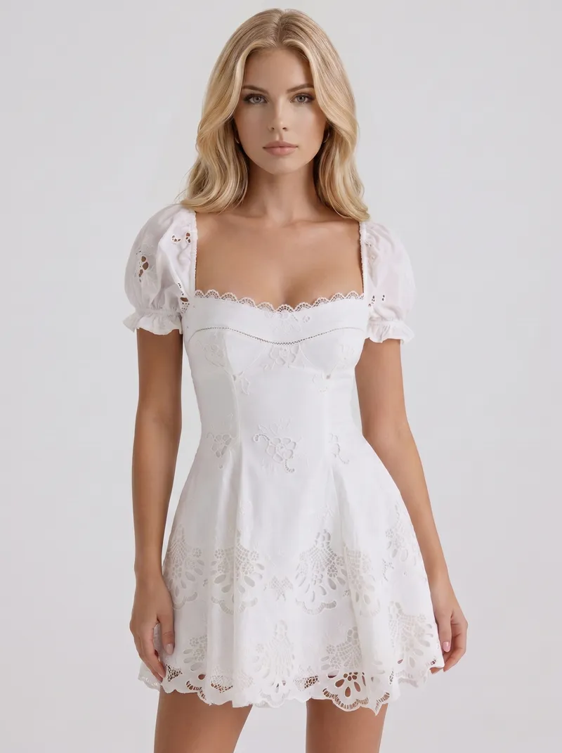 Bridget Broderie Anglaise Puff Sleeve Square Neck Mini Dress - White
