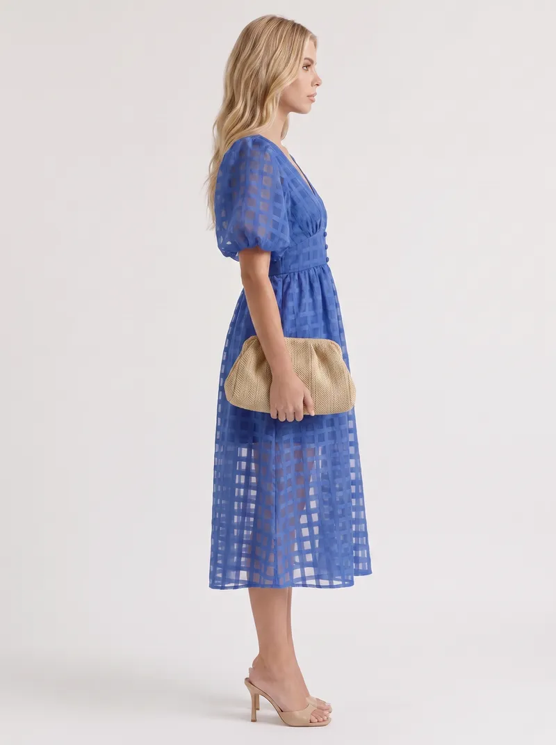 Colette Windowpane Midi Dress - Blue