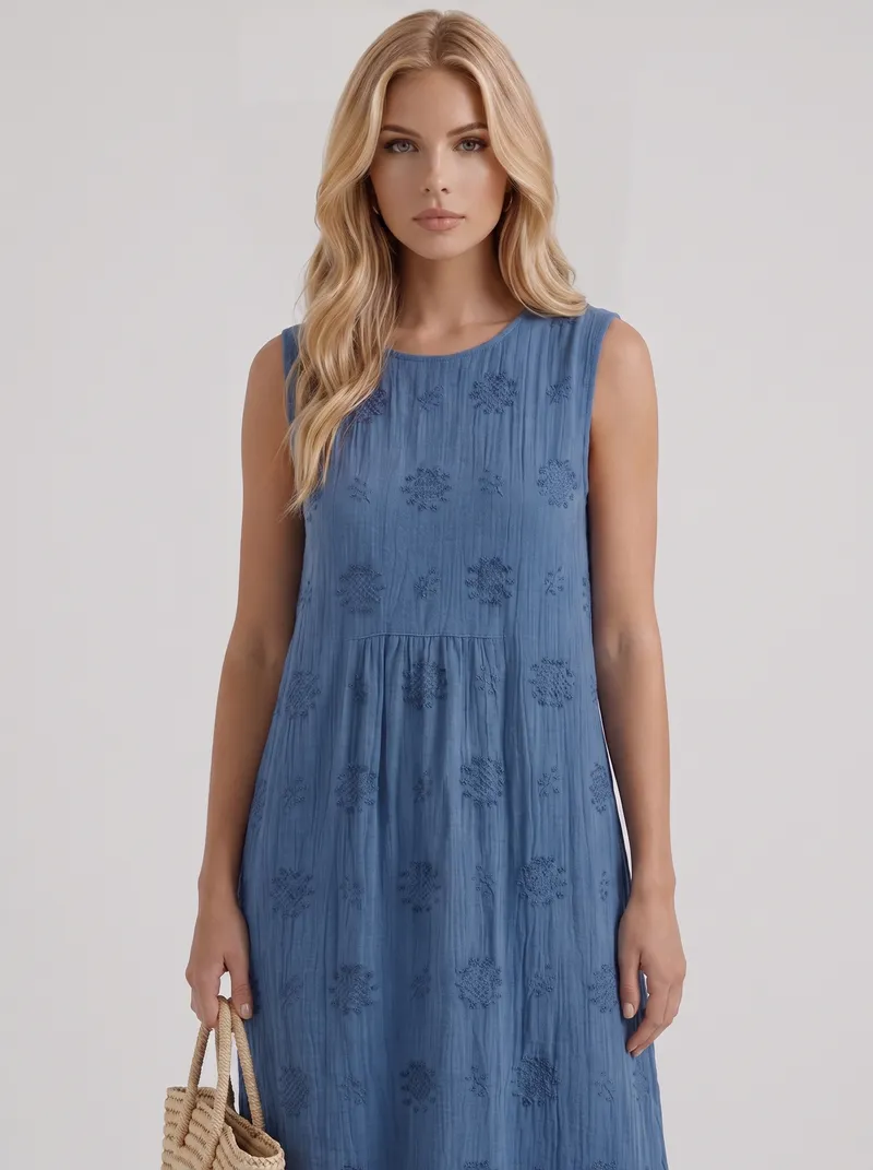 Elin Embroidered Midi Dress - Blue