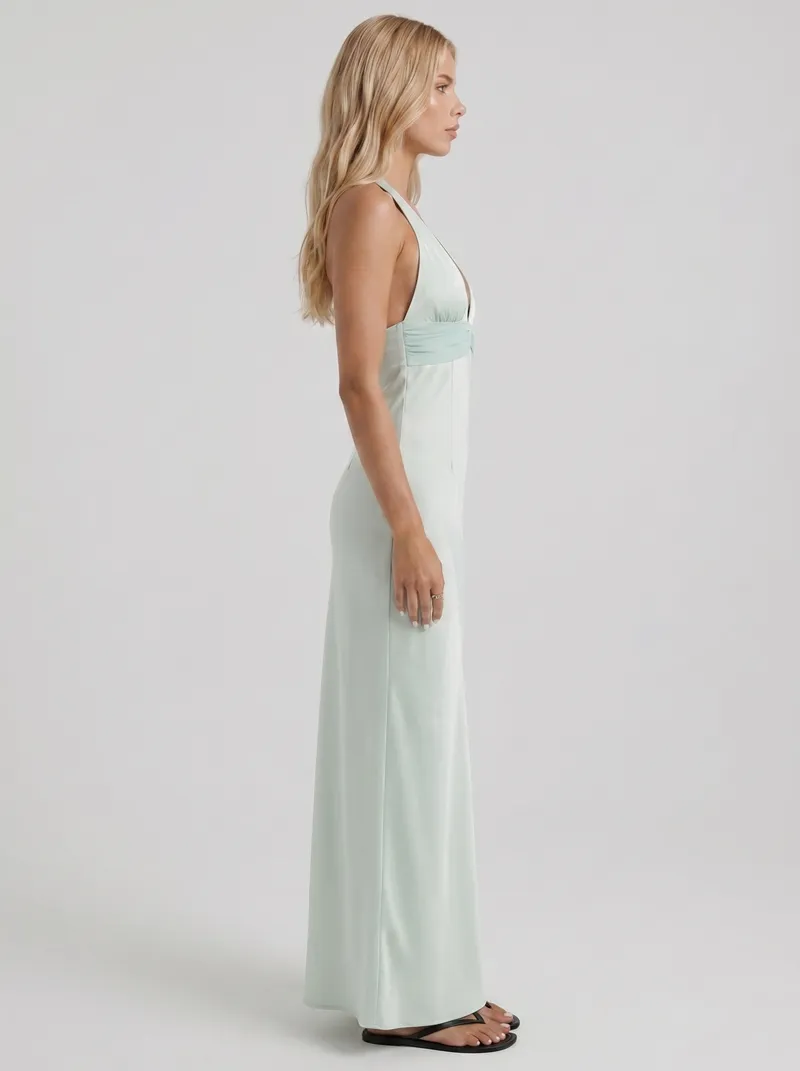 Saskia Halter V Plunge Satin Bodycon Maxi Dress - Mint Green