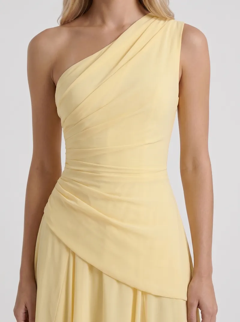Delphine One Shoulder Ruched Mesh Maxi Dress - Lemon