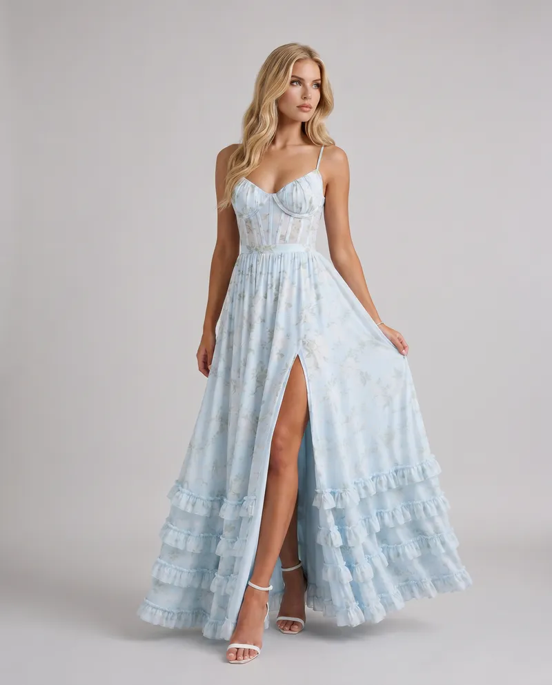 Dahlia Floral Corset Maxi Dress - Blue