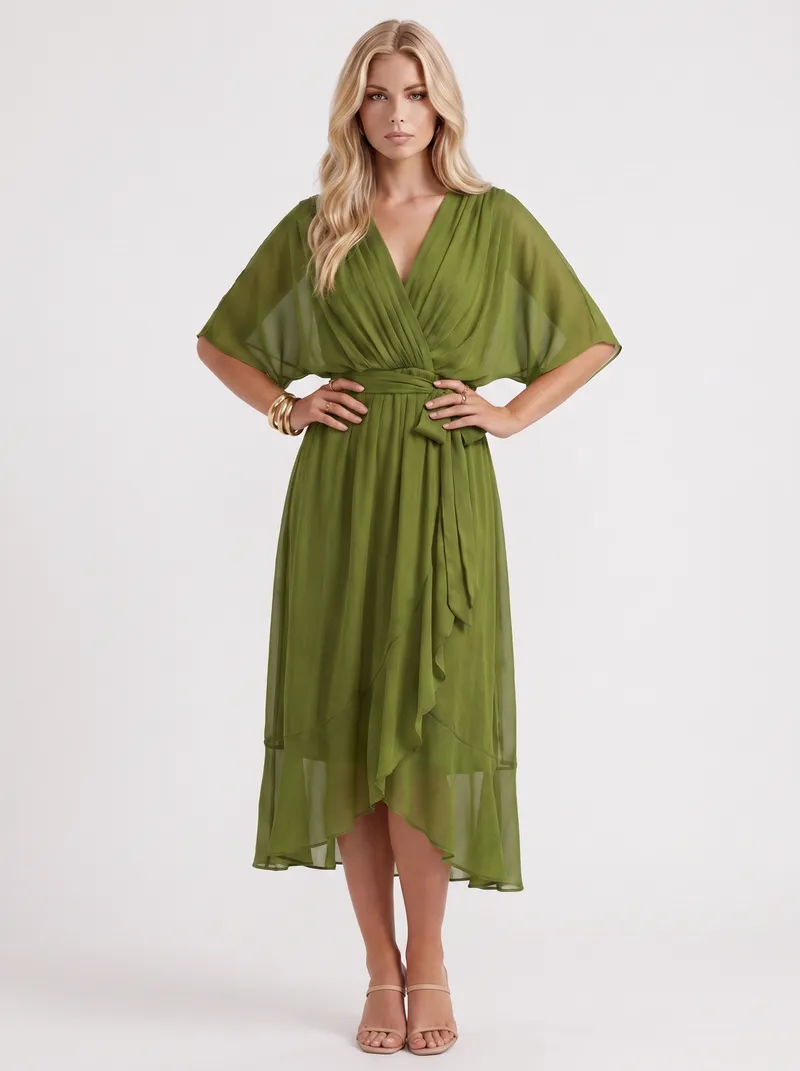 Lucienne Wrap Midi Dress - Olive Green