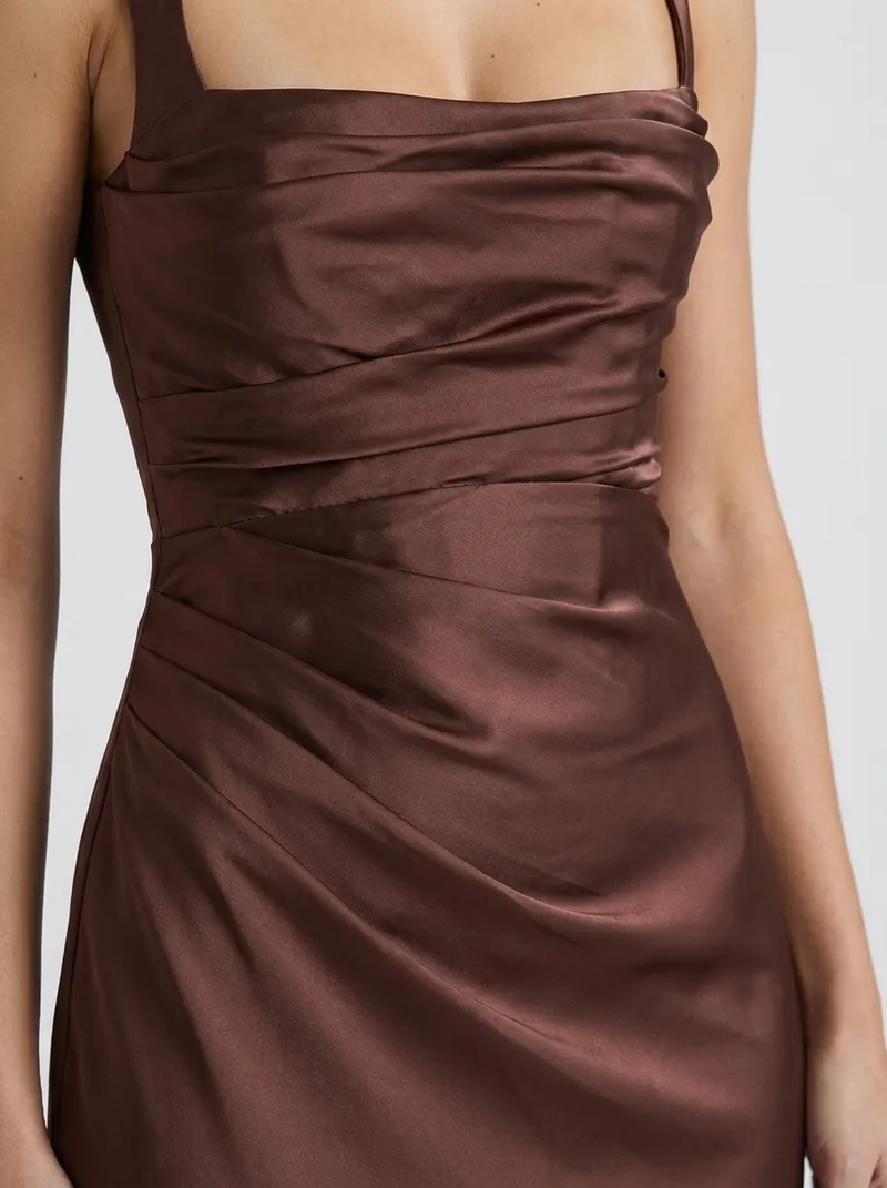 Elara Satin Ruched Strapless Maxi Dress - Brown