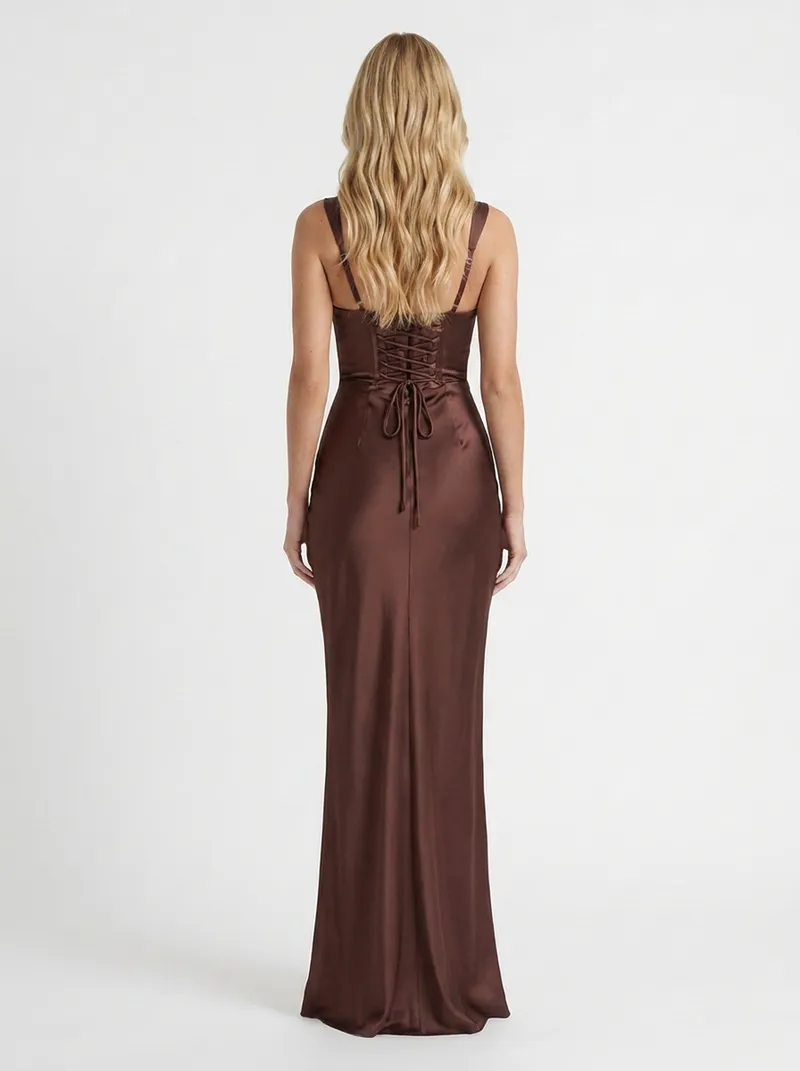 Elara Satin Ruched Strapless Maxi Dress - Brown