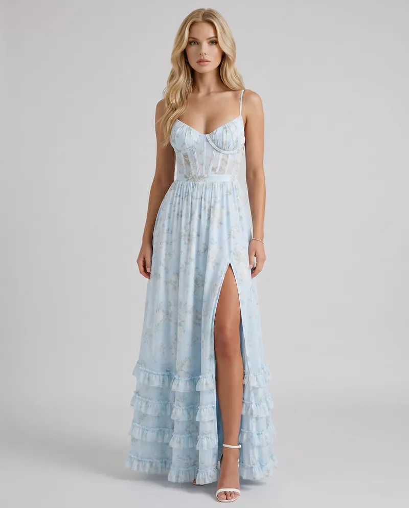 Dahlia Floral Corset Maxi Dress - Blue