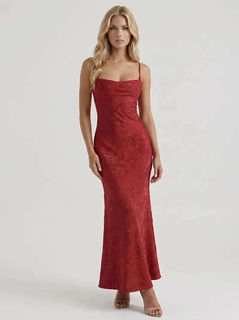 Aria Cowl Neck Textured Satin Bodycon Maxi Dress - Red