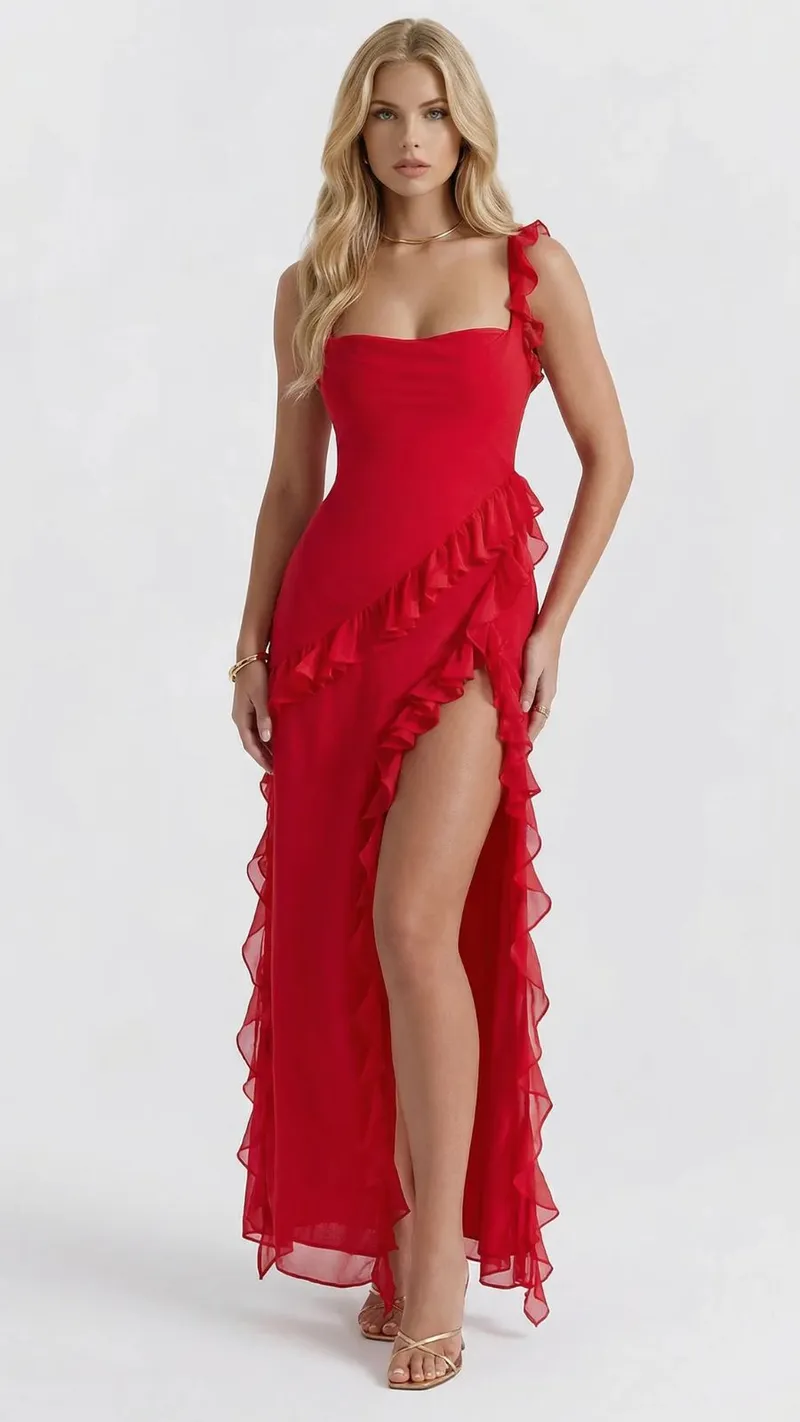 Scarlet Ruffle Maxi Dress - Red