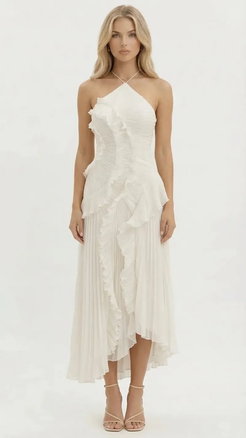 Nathalie Ruffle Maxi Dress - White