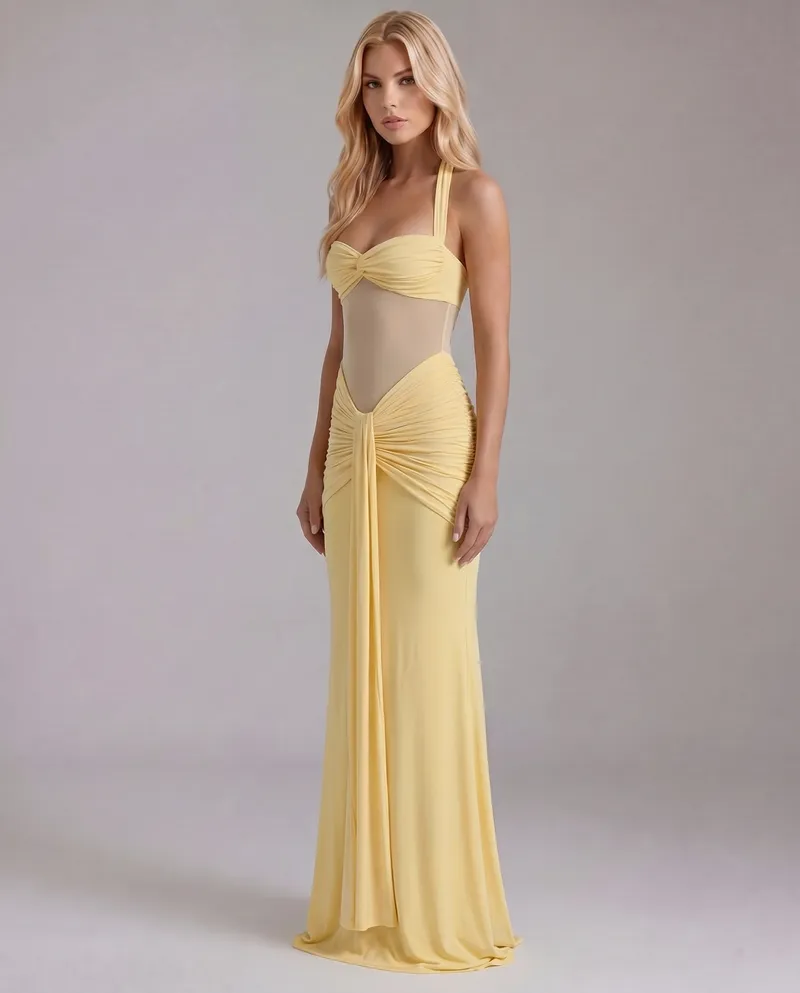 Victoria Ruched Maxi Dress - Yellow