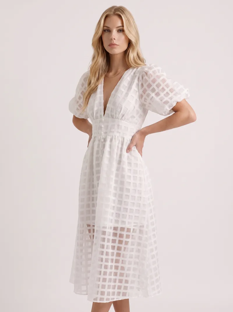 Colette Windowpane Midi Dress - White