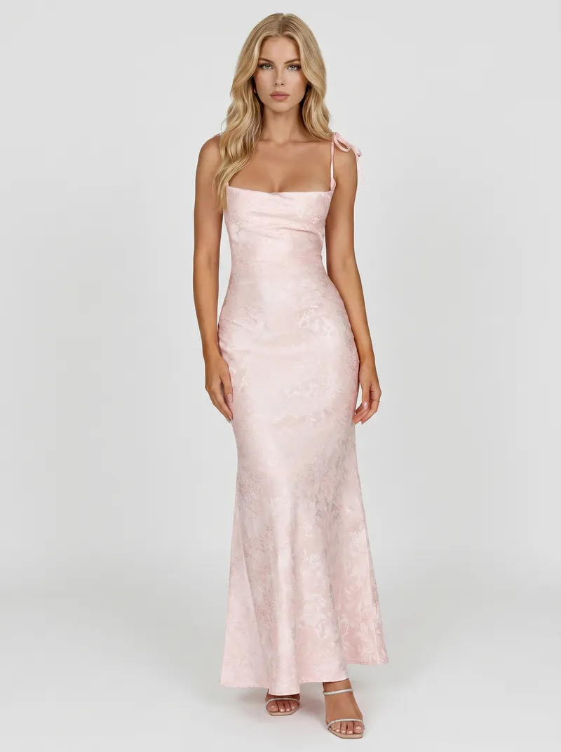 Aria Cowl Neck Textured Satin Bodycon Maxi Dress - Blush