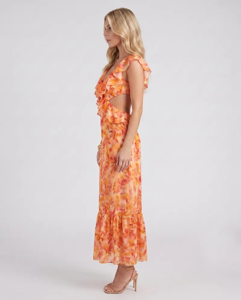 Marisol V Neck Ruffle Floral Maxi Dress - Orange