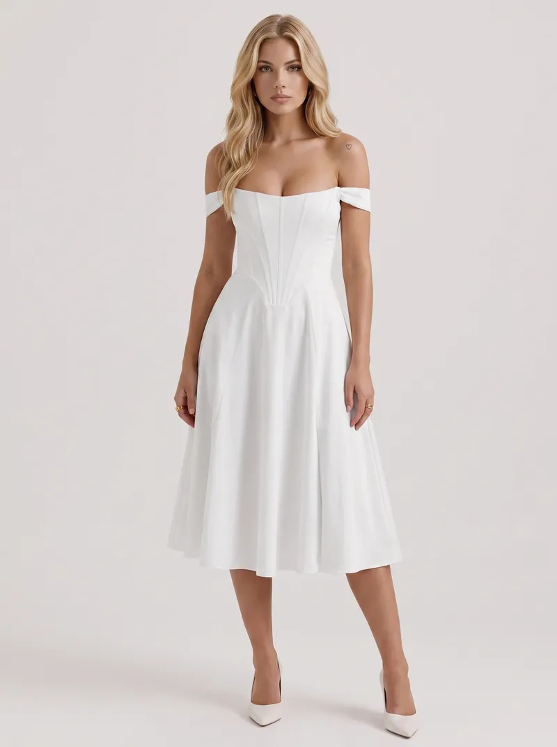 Astra Corset Midi Dress - White